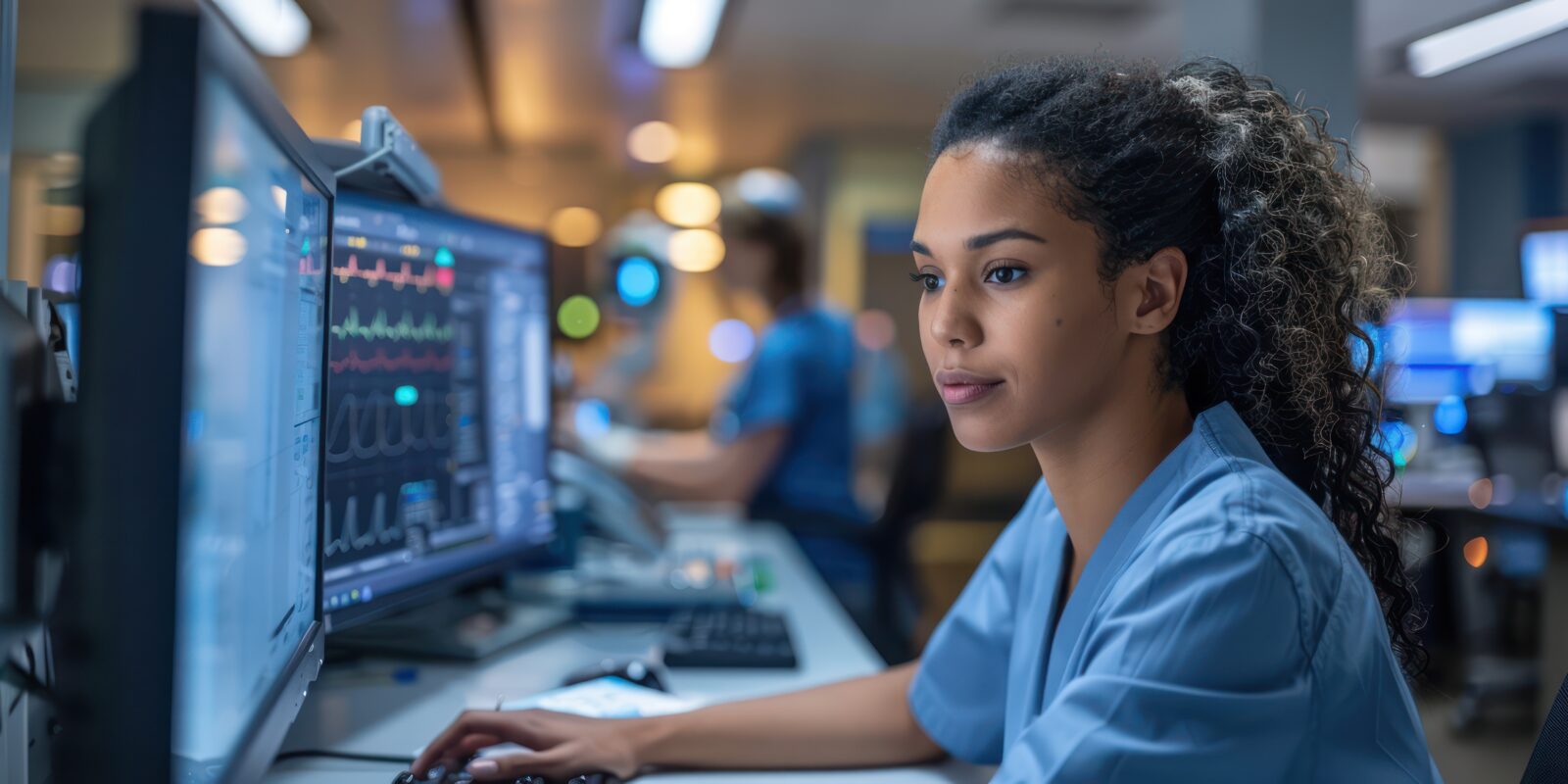 A nurse at a computer, updating electronic health records, captured in a close-up to highlight modern healthcare technology