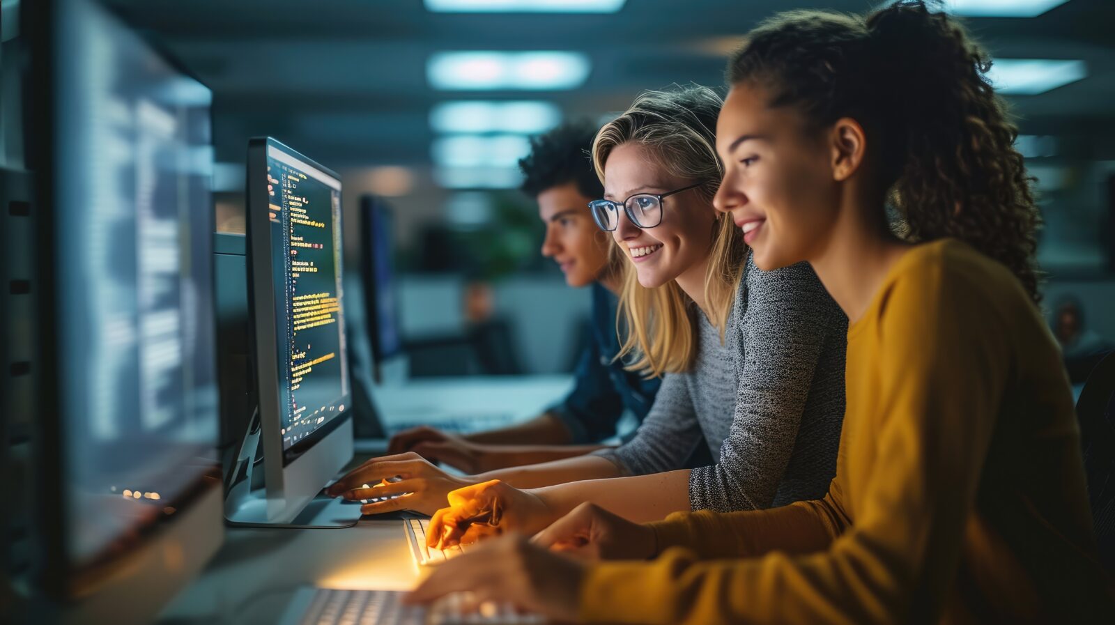 Two female software engineers talking, working, writing java script code together, working in a bright office, passionately, excited about a breakthrough as software code displayed on screen. Generative AI.